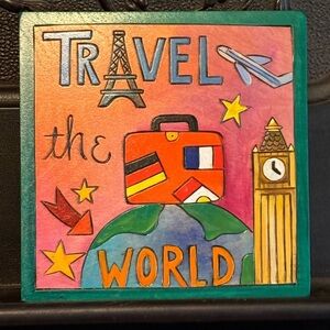 Sticks Handmade "Travel the World" 7"x7" wood plaque